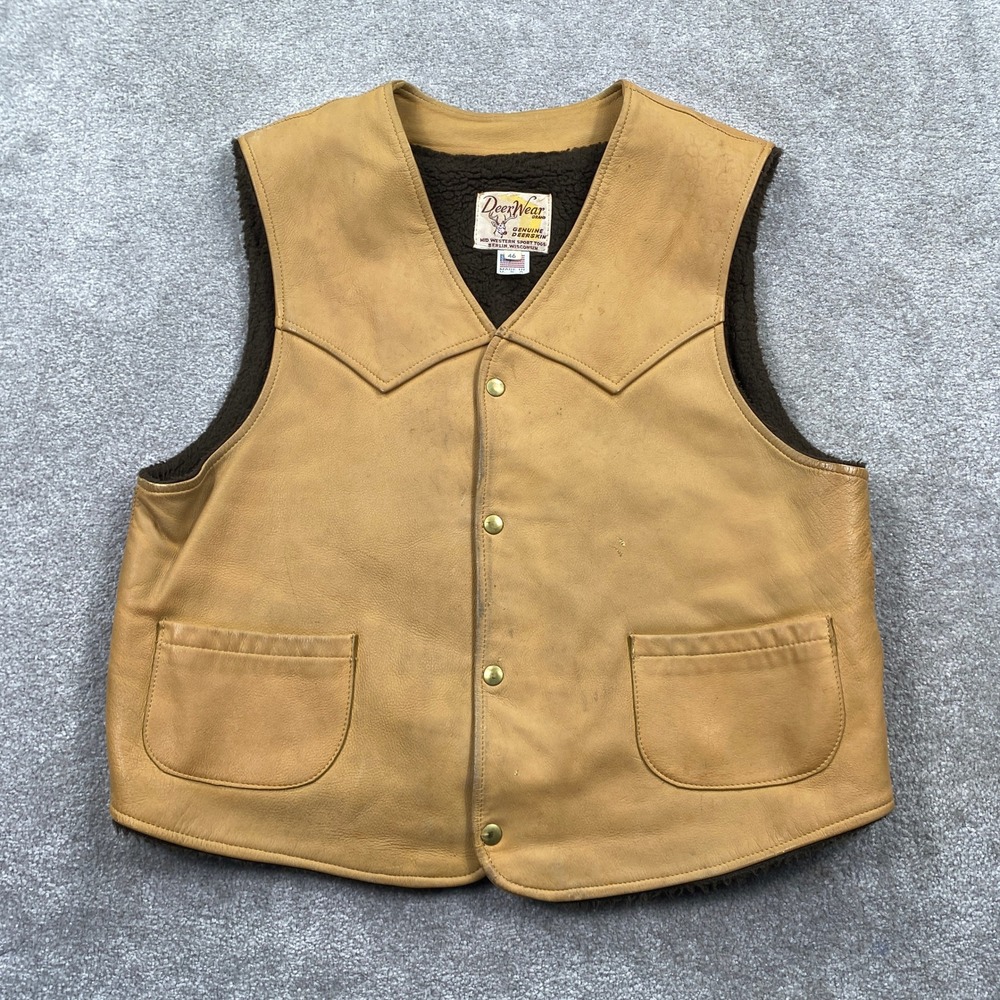 DeerWear Vintage Mens Deerskin Leather Vest Tan Sherpa Lined Western Size 46 USA